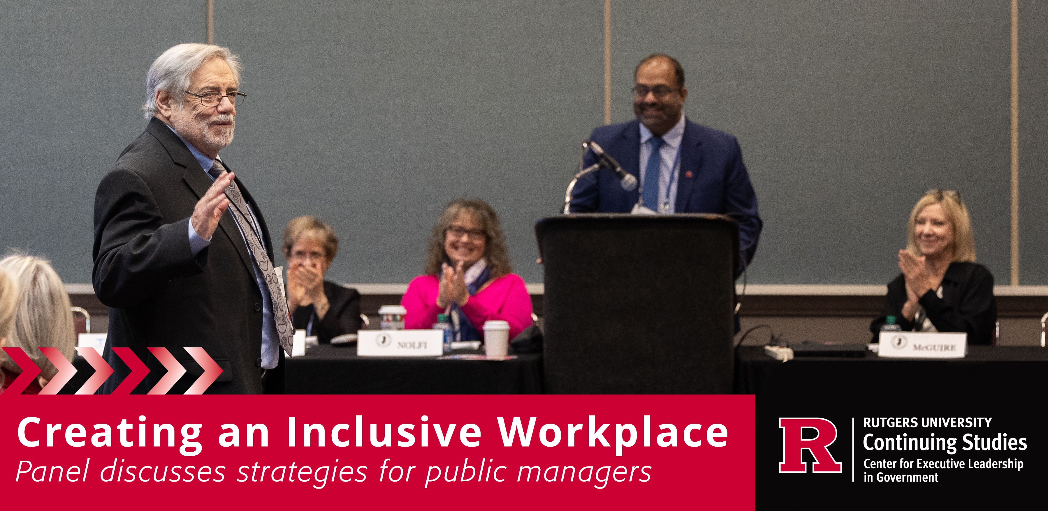 image of panelist at podium; white text over red that reads "Creating an Inclusive Workplace: Panel discusses strategies for public managers"